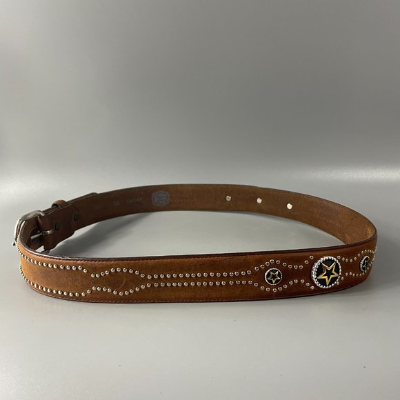 Tony Lama Brown Leather Silver-tone Studded Belt, Size 38 - Picture 3 of 13